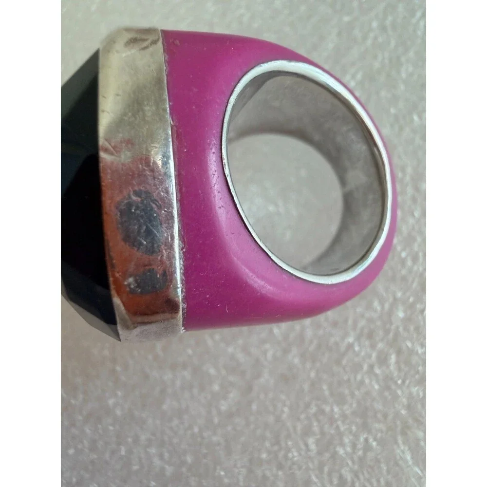 Signed AF 925 Sterling Silver Pink Resin Faceted Black Onyx Dome Ring Size 6.5